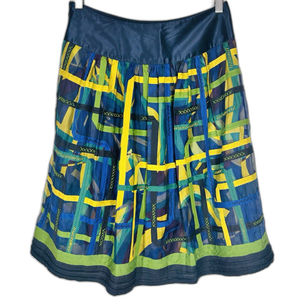 Peter Nygard Full Skirt 6 Silk Navy Blue Lime Green Geometric Sheer Overlay
